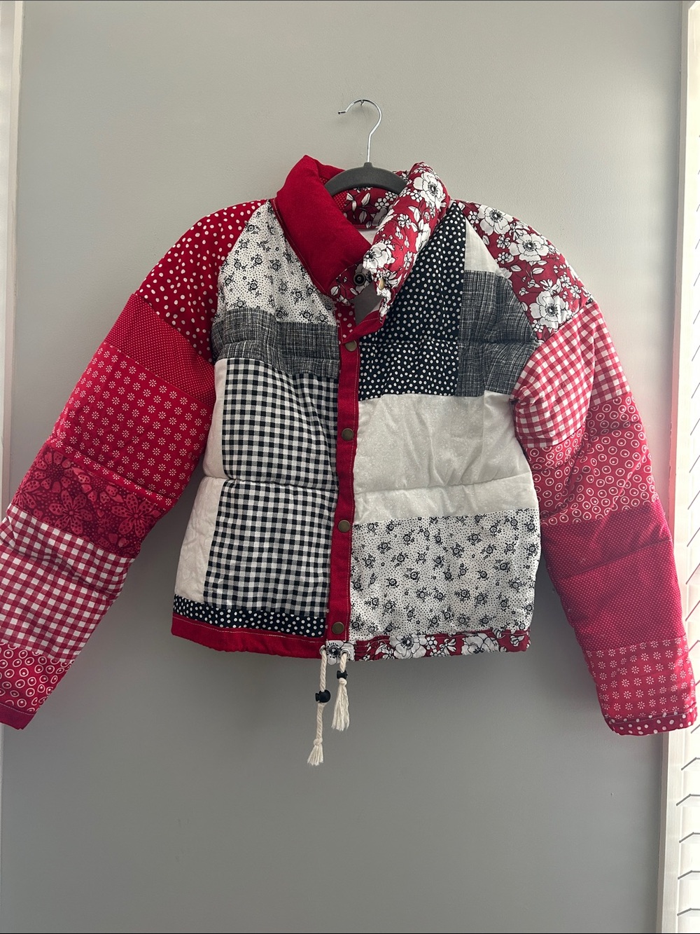 Patchwork Quilted Puffer Jacket in Red & White